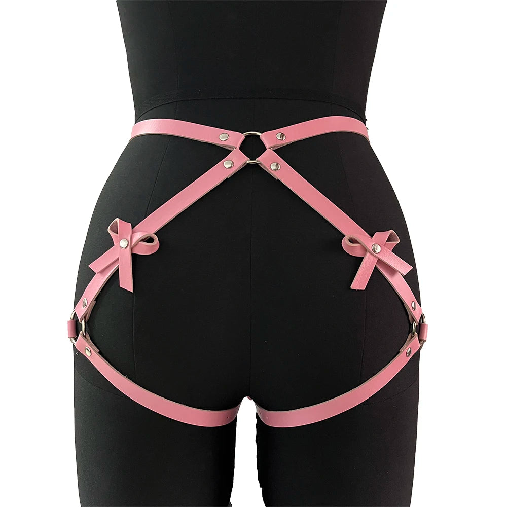 Women PU Leather Decor Harness Sexy Bow Bondage Suspender Erotic Lingerie Thigh Garter Belt Adjustable Waist Accessories