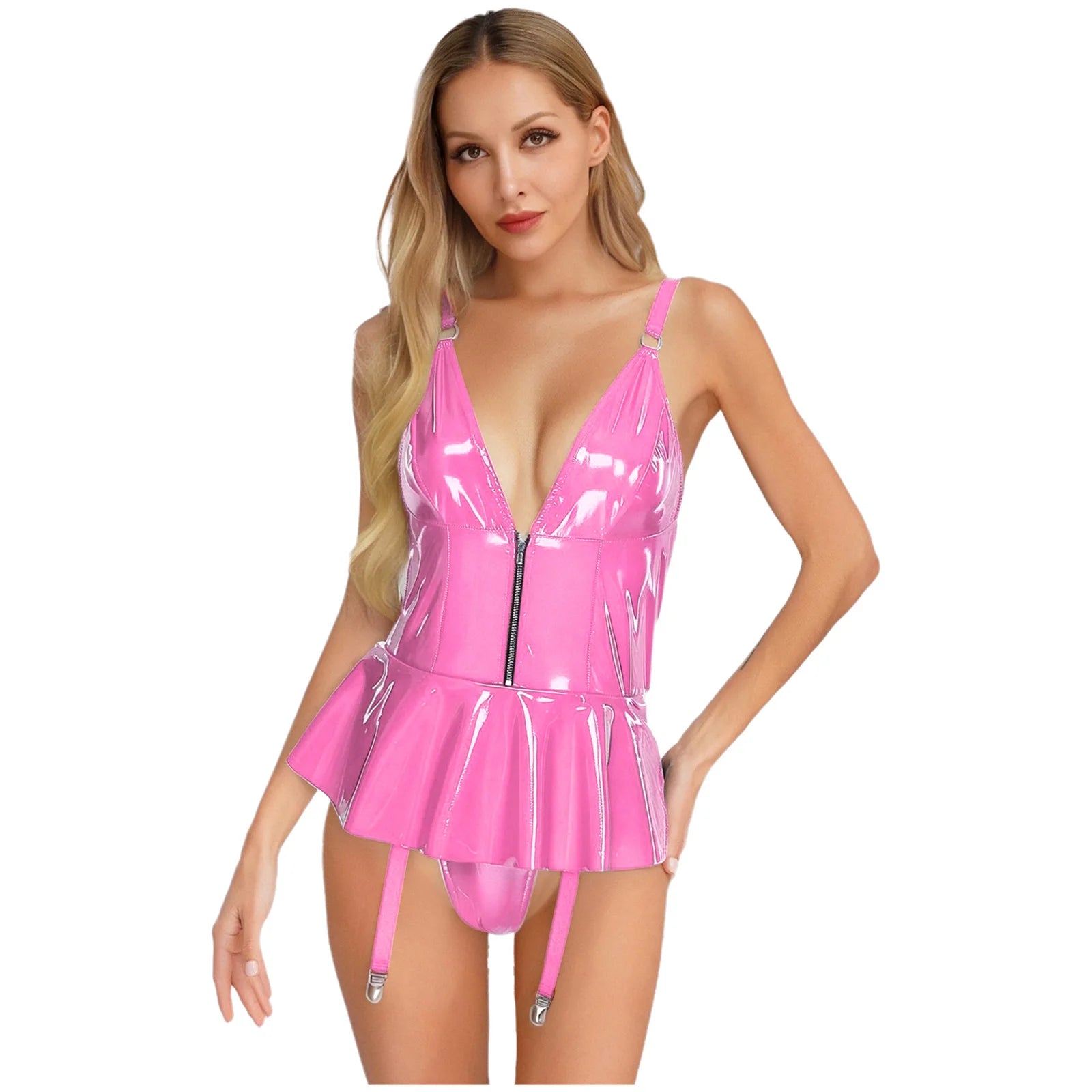 Womens Lingerie Latex Mini Dress Built-in Briefs Garters V Neck Front Zip Back Lace-up Bodysuit Glossy Sling Wetlook Clubwear