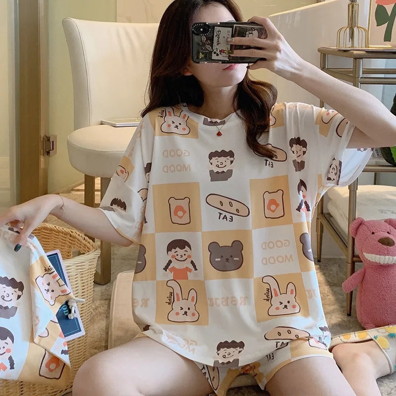 Women Pajama Sets Cute Cartoon Pattern Printing Daily Comfortable Fashion Sleepwear Two Piece Set Camisole Shorts