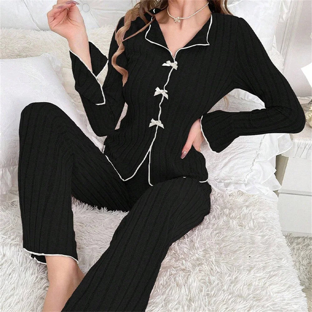 Ribbed Knit Pajama Sets Long Sleeve Lounge Set for Women  Button Top Full Length Pants 2 Piece Fall Casual Outfit Sets