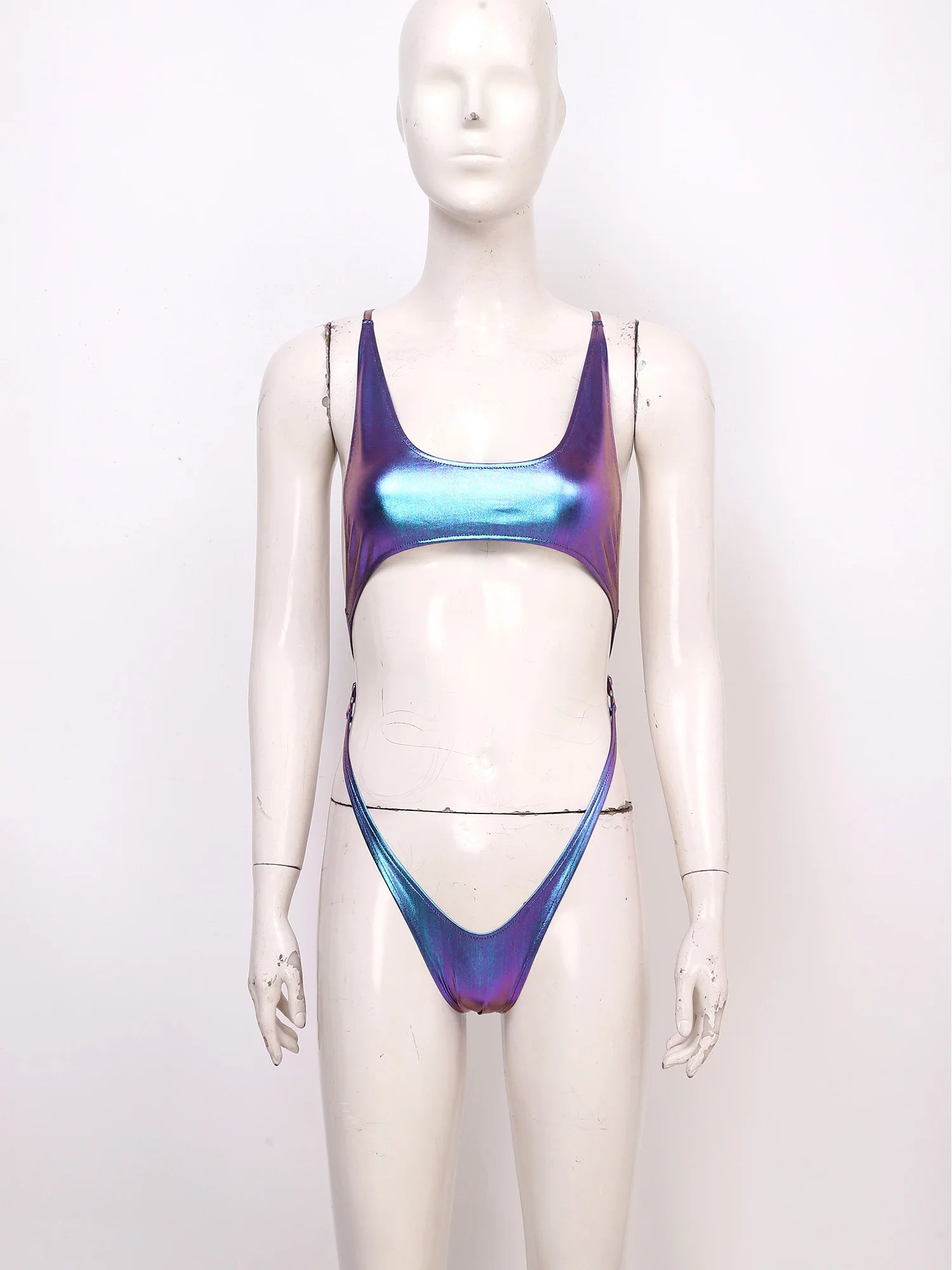 Women One-piece Swimsuit Metallic Shiny Backless Cutout Bodysuit Micro Bikini Swimwear Bathing Suit for Beach Pool Nightclub