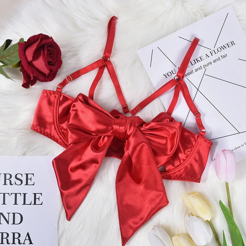 Hot Sexy Lingerie Women's Erotic Lace Satin Sexy Bodysuit Women's Bow Sleepwear Sexy Bra Panties Set Babydoll Exotic Pajamas