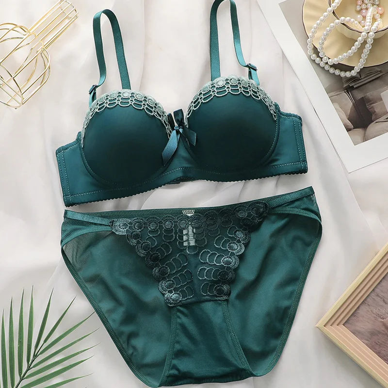 Women's Embroidered Lace Lingerie Set Sexy Push Up Bra with Underwire Bowknot Design Matching Panty Stylish Intimates for Girls