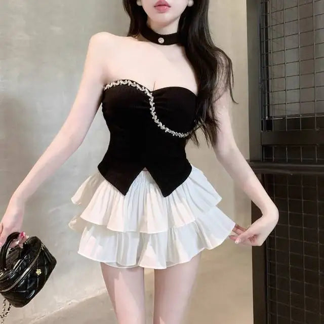 Sexy 2 Pieces Skirt Sets For Women Top And Bottom Clothing New Summer Clothes 2025 Luxury Designer Pleated Skirt Woman Outfit