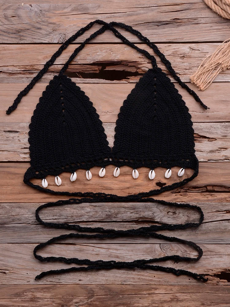 Knitted Bra Top Bikini Set Womens Swimsuit Handemade Crochet Bikini Cover Up Tassel Beach Long Wrap Skirt Sarong Immadman 7004
