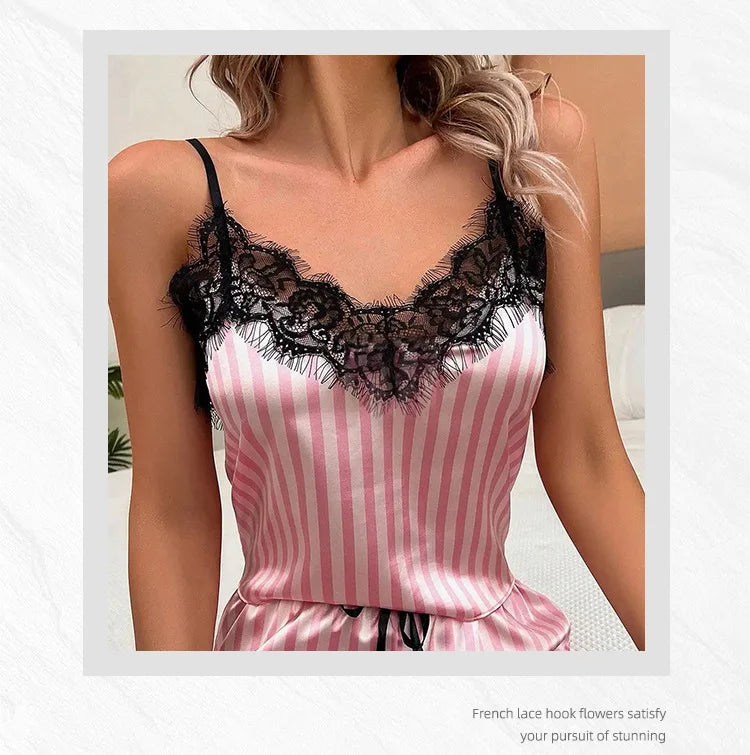 Sexy Women Striped Pajama Set Cami Top and Shorts Set with Lace Trim Sleepwear Loungewear  Nightwear Fashion Pink Plus Size