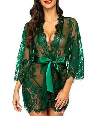 Plus Size Women Sexy Lingerie Robe  Porno Sleepwear Nightgown Lace See Through Dress Transparent Babydoll Erotic Nightwear Set