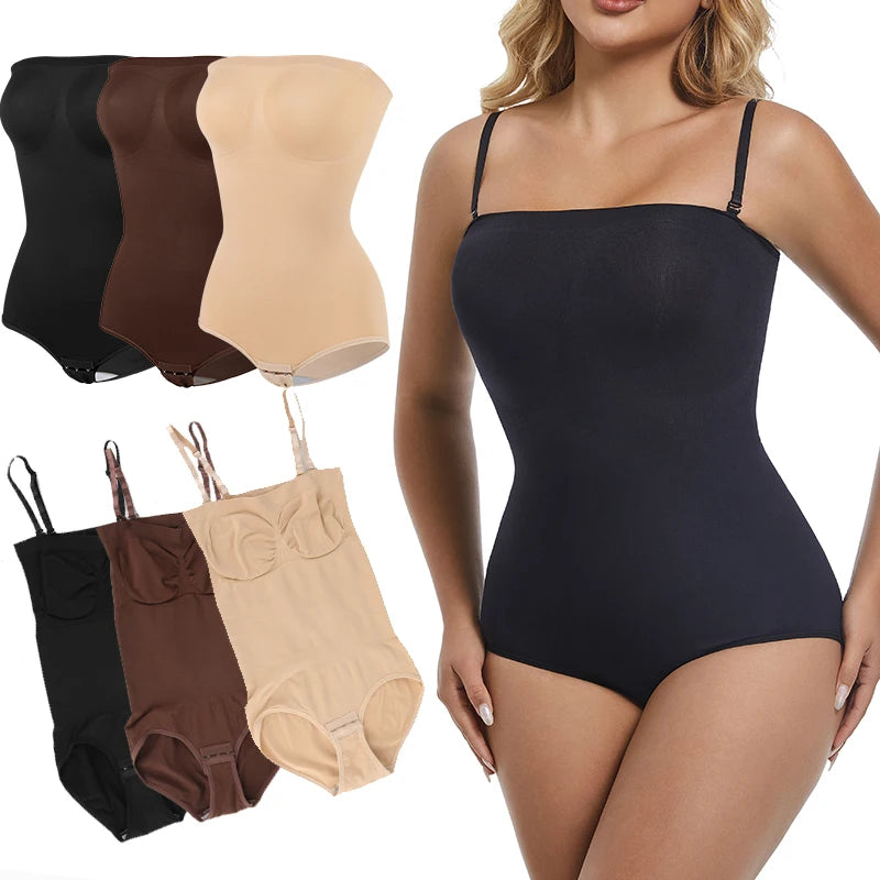 Strapless Shapewear Bodysuit Off the Shoulder Seamless Tummy Control Body Shaper Removable Shoulder Strap Sexy Leotard