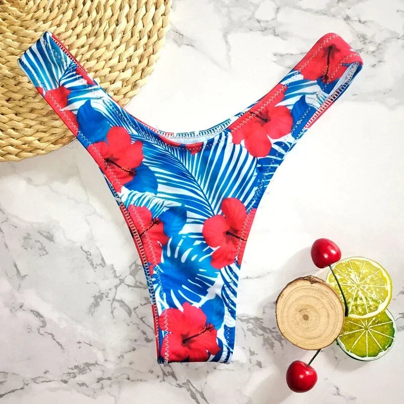 New Floral Print Brazilian Bikini Bottom Women's Swimwear High Waisted Sexy V Thong Swimsuit Bathing Suit Women Swimwear Women