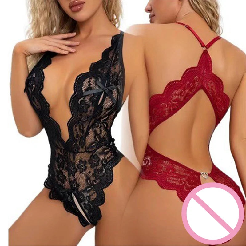 2022 New Hot Erotic One-pieces Lingerie Sexy Bodysuit Babydoll Porno Mesh Crotchless Sling Pajamas Teddies Underwear Set