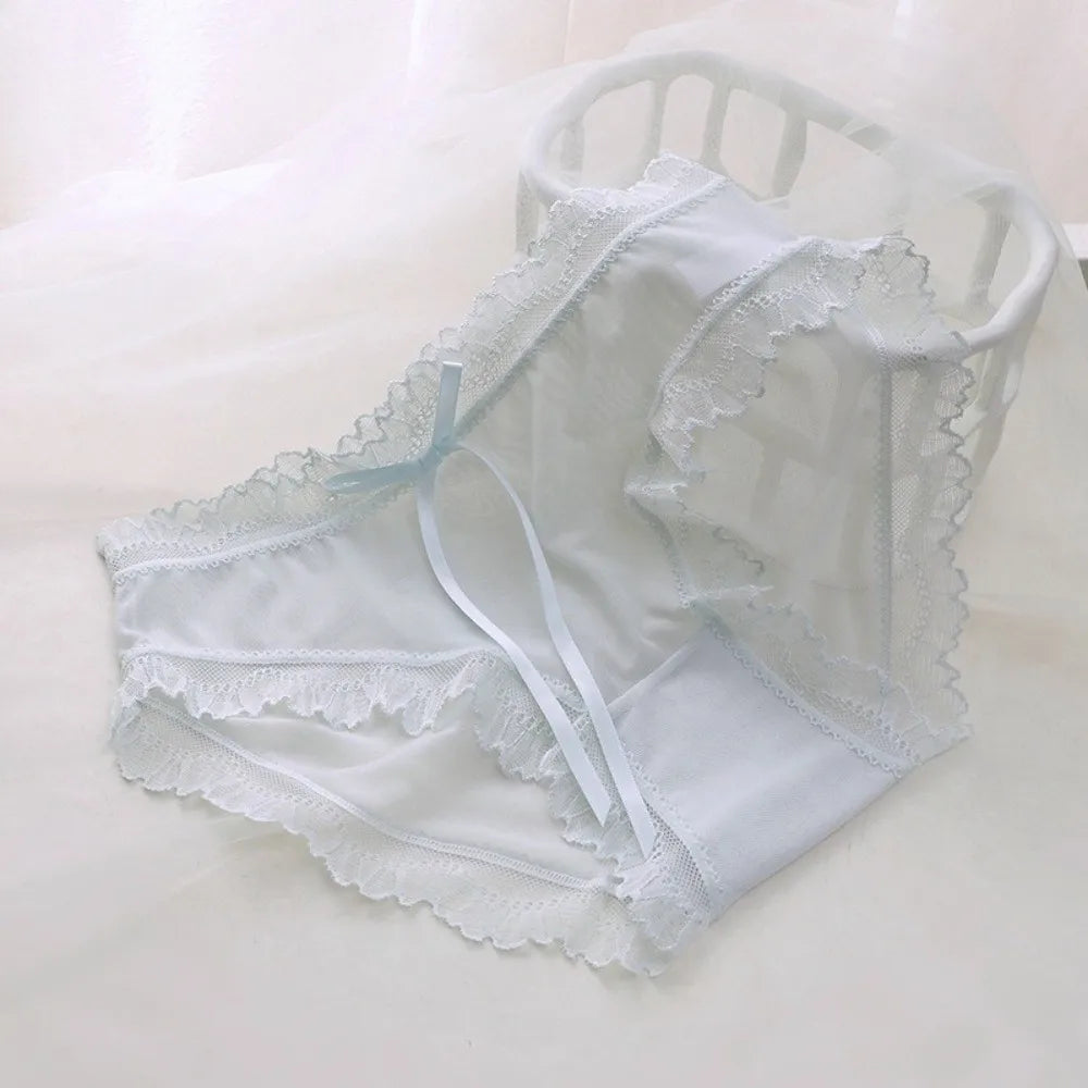 Lingerie Low Waist Lace Panties Ice Silk Cotton Crotch Mesh Briefs Bow Underwear for Women Summer