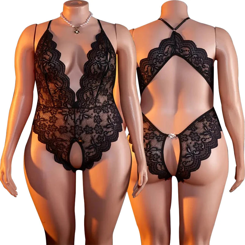 Women's Plus Size Babydoll Chemises Erotic Lingerie Sexy Crotchless Bodysuit Temptation Pajamas Lace V Neck Mini Baby Doll Dress