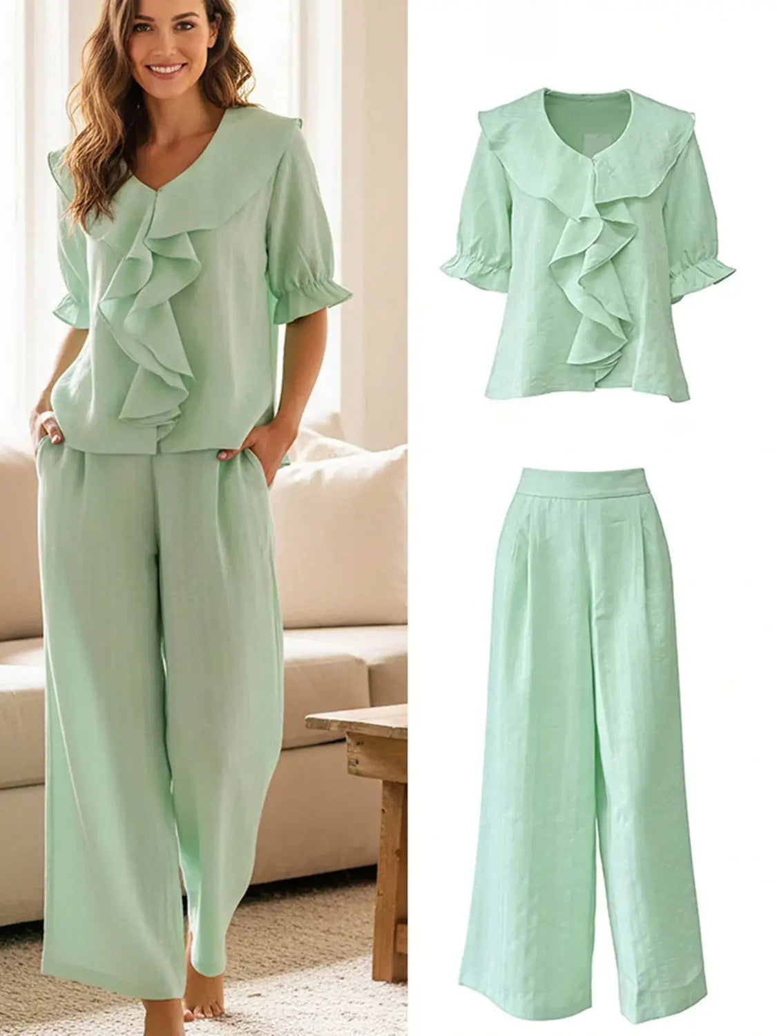 Women Linen Pajama 2 Piece Set Short Sleeve Front Ruffle Shirt PJs Pants Lounge Cute Sleepwear Casual Homewear Set