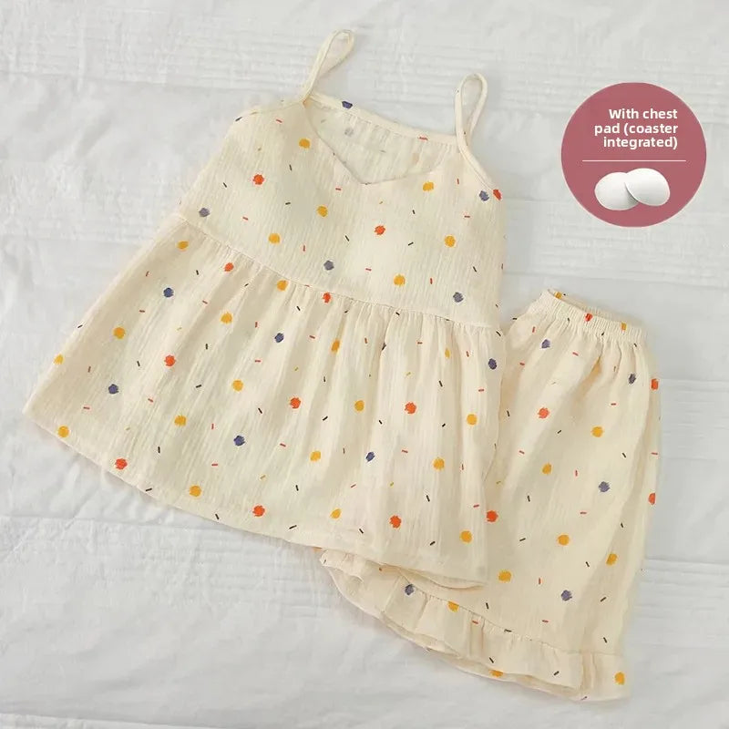 2026Women's Summer Cotton Sleepwear Sets Girl's Camisole Vest with Chest Cushion Shorts Cute Floral Two-piece Home Suit Set 2PCS