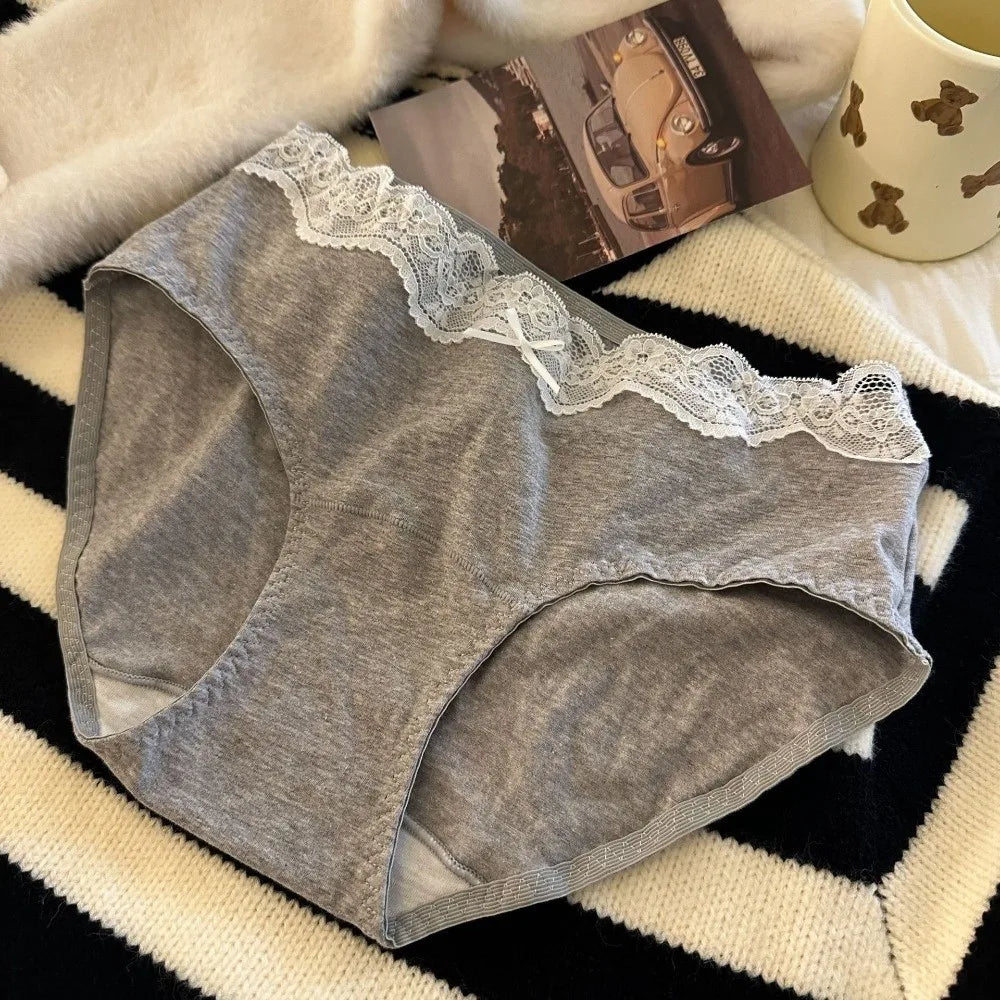 Lingerie Bow Lace Cotton Panties Transparent Seamless Underwear for Women Mid Waist Soft Floral Lace Briefs Spring Summer