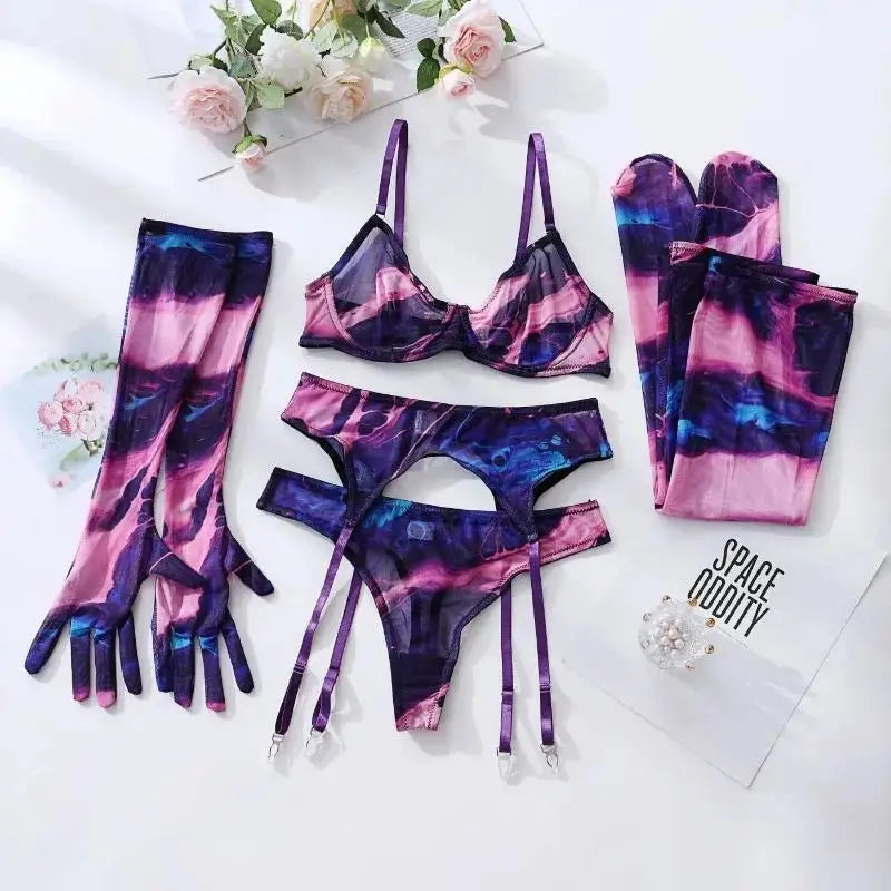 5 Pieces Lingerie Set Women Nightwear tie-dye Printed Halloween Underwear Bras Panties Golves Stocking Erotic Laungerie Set