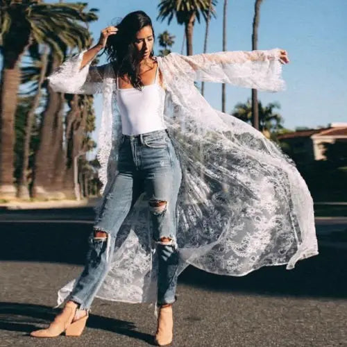 Women Sexy Lace Mesh Night Dress Hollow See-Through Long Robes Beach Cover-ups Cardigan Lingerie Sleepwear Nightwear Sleep Dress