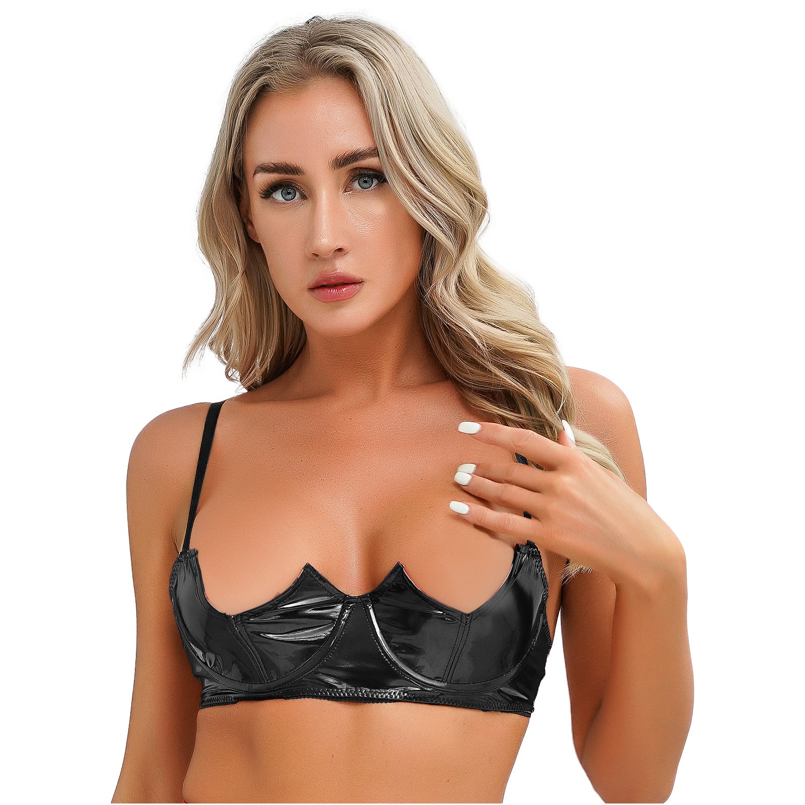Women Sexy Exposed Nipple Bras Wet Look Patent Leather Underwired Brassiere Top Lingerie for Nightclub Pole Dacing Nightwear