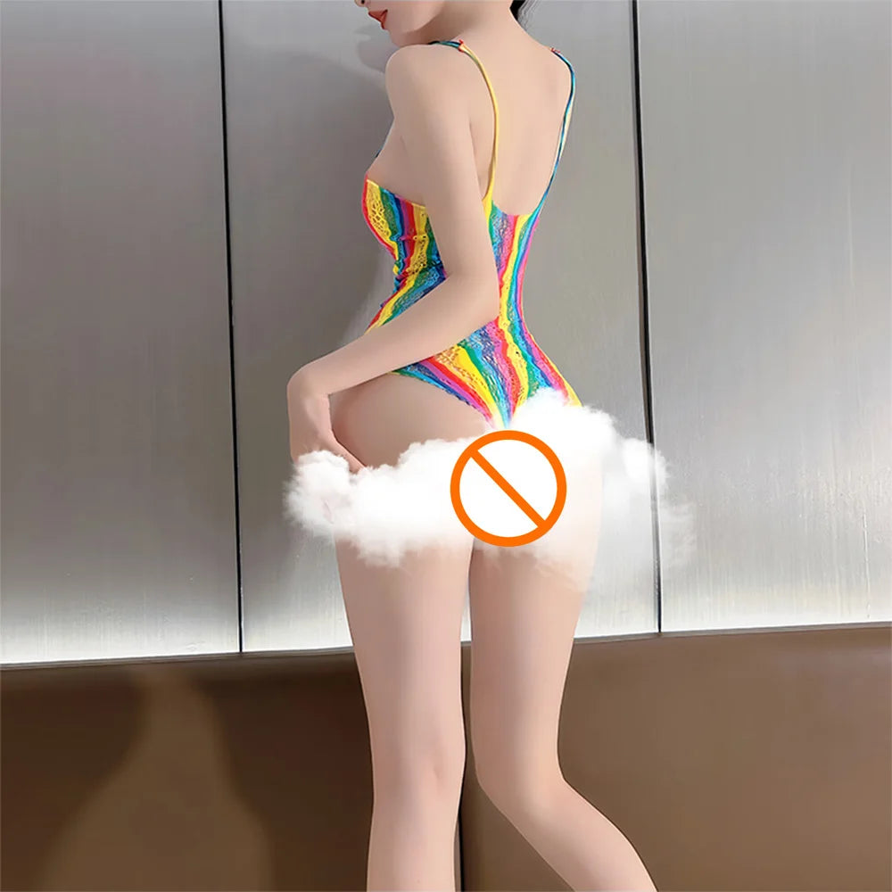 Sexy Lingerie for Women Fishnet Halter Chemise rainbow Hot Mesh Mini Dress Bodysuit through clothes Flirtation Erotic for couple