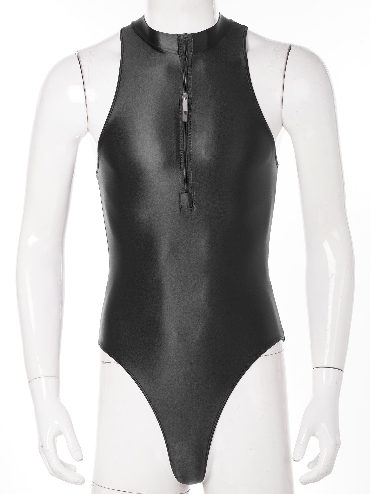 One-Piece Men's Swimsuit Glossy Sleeveless Bodysuit Swimwear Solid Color Front Leotard Hommes Bathing Suits Party Clubwear