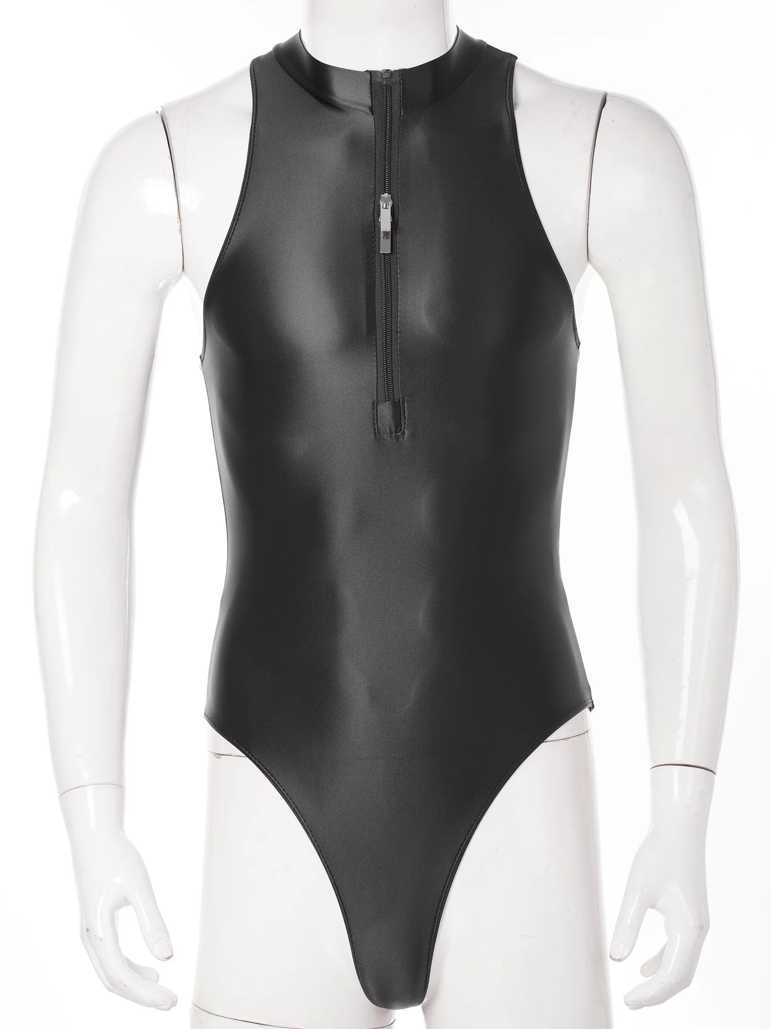 One-Piece Men's Swimsuit Glossy Sleeveless Bodysuit Swimwear Solid Color Front Leotard Hommes Bathing Suits Party Clubwear