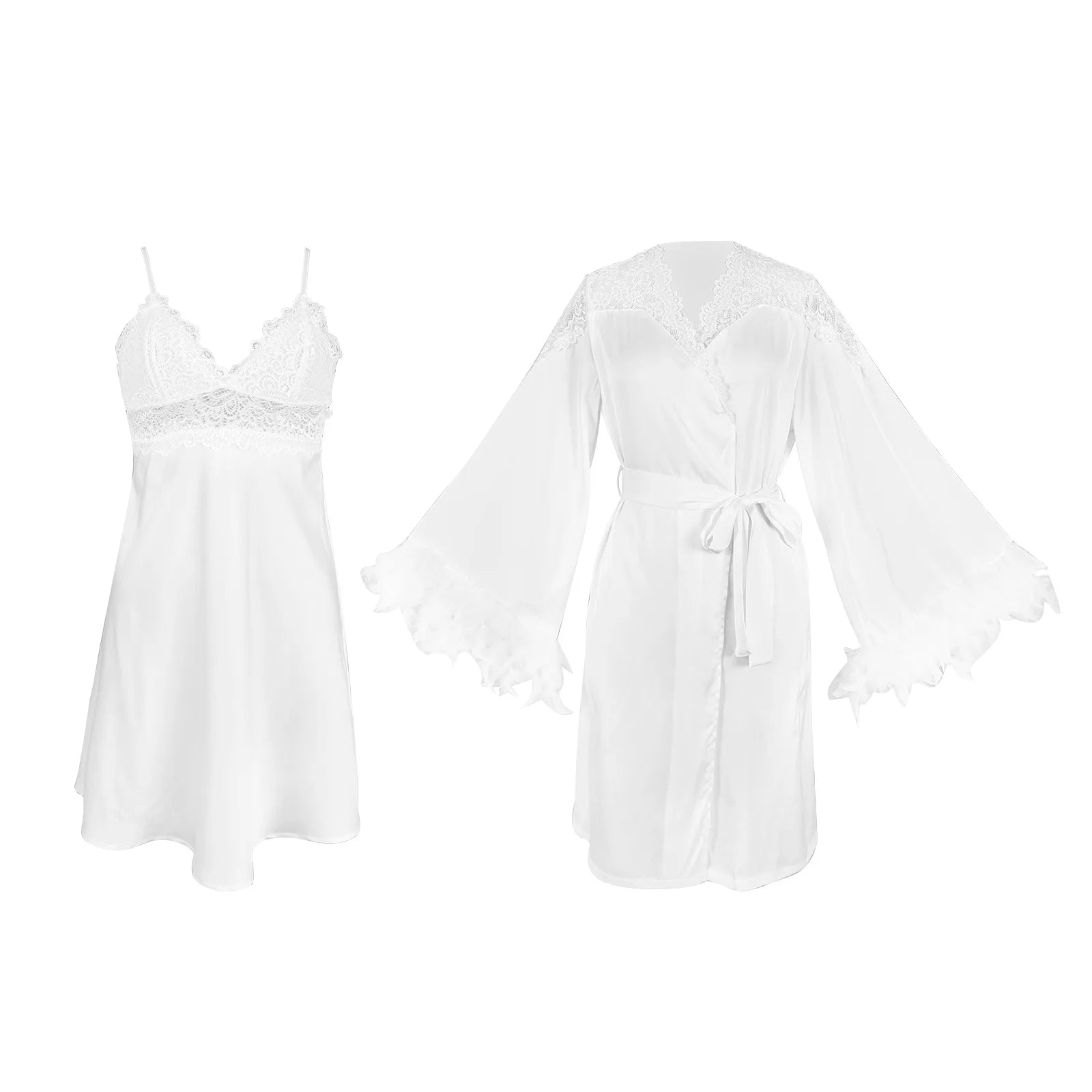 Women Satin Pajama Set Sexy Lace Camisole Nightgown Feather Trim Robe Bridal Sleepwear 2 PCS Set Wedding Nightdress Loungewear