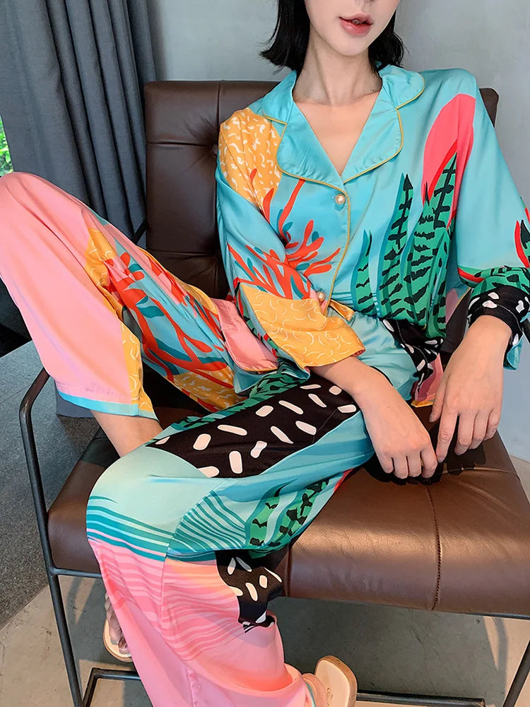 Satin Pajamas Set Spring Summer Home Suit with Pant Women's Print Pijama Suit Silk Pijama Set Sleepwear for Female Pyjamas
