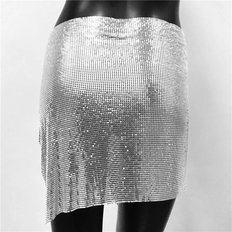 Sexy Metal Sequins 2 Piece Set Women Sleeveless Deep V Neck Backless Halter Tank Tops Split Mini Skirts Beach Party Outfits