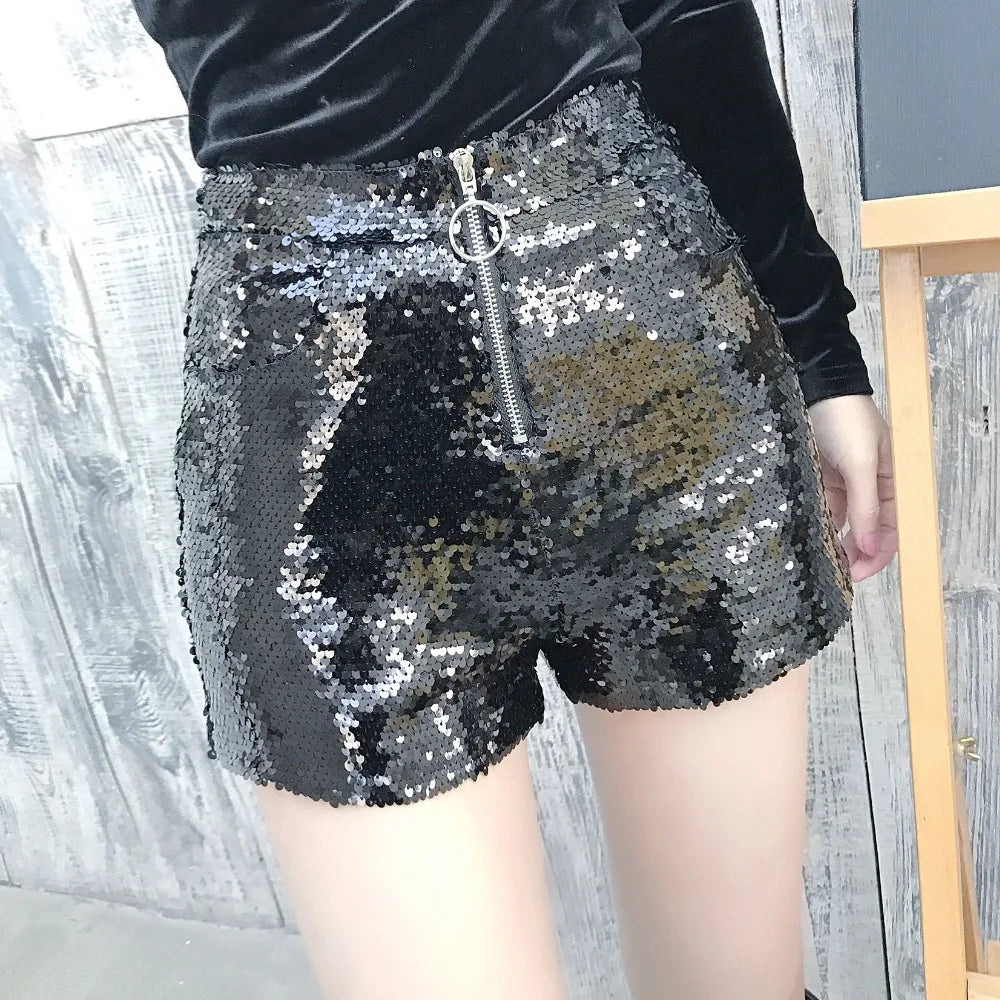 Sexy Women Sequin Shorts Summer High Waist O-Ring Zip Bodycon Shorts Feminino Skinny Party Club Festival Raves Pole Dance Shorts