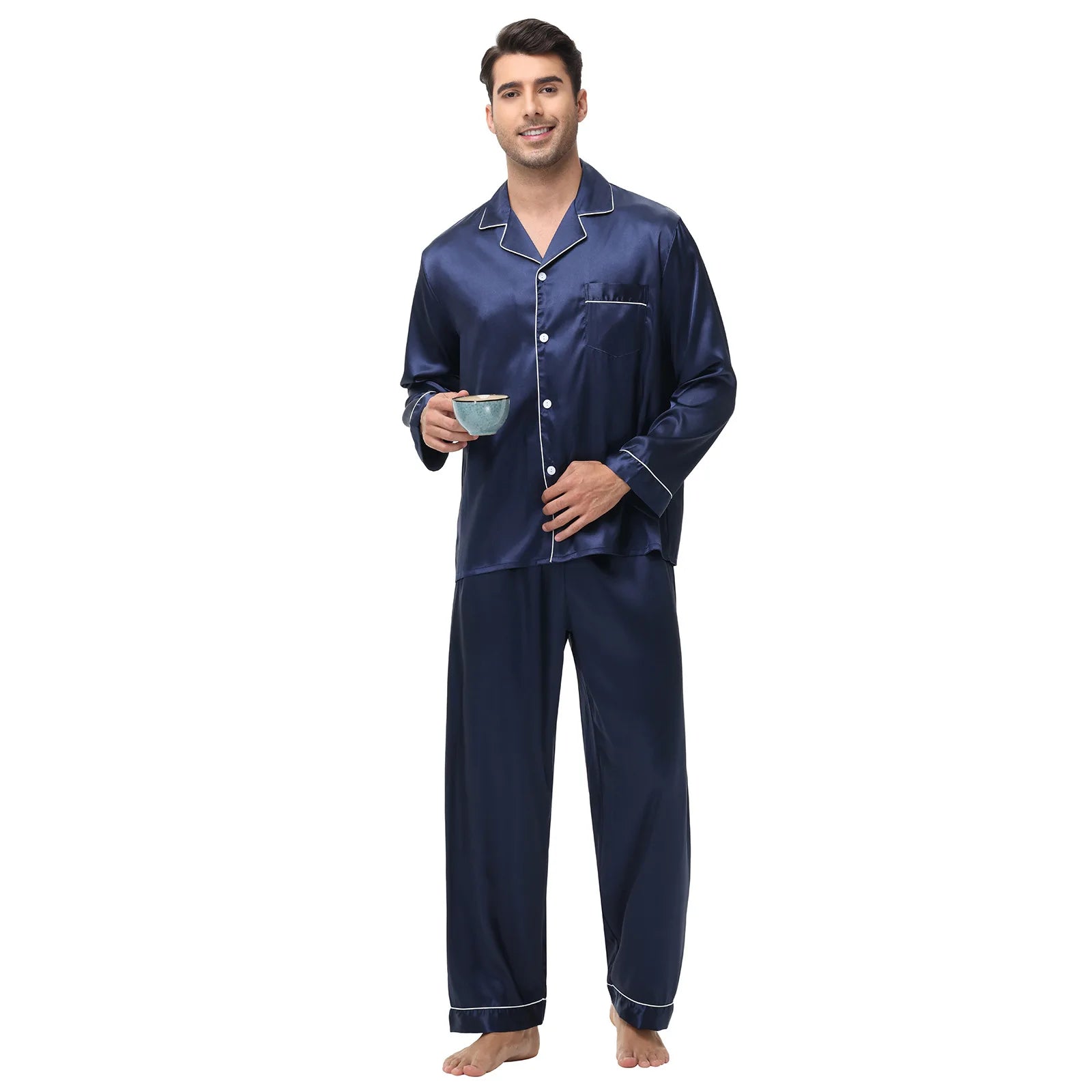 Men Pajamas Set Silk Satin Sleepwear for Man Shirt Long Sleeve Pijama Male Fashion Soft Loungewear S-2XL Size Spring Nightwear