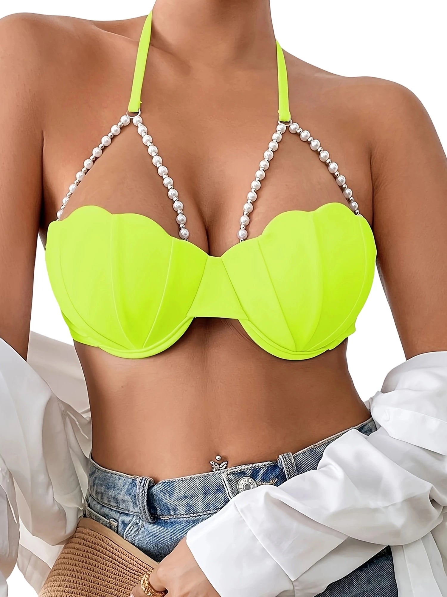 Women's Seashell Bikini Tops Sexy Halter Neck Spaghetti Straps Bathing Suit Bra with Pearl Chain