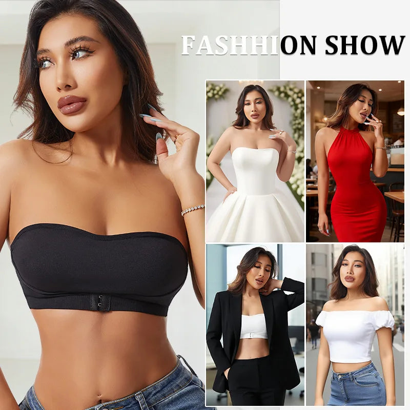 Daily Strapless and Wireless Women's Front Button Bra, Seamless Chest pad Comfortable Push-up Trendy Solid Color Lingerie