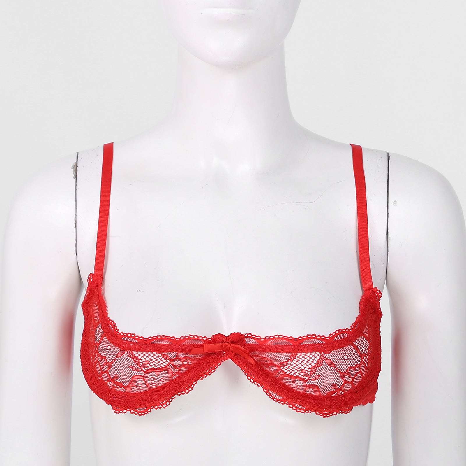 Womens Sexy Lace 1/4 Cups Unlined Bra See Through Mesh Push Up Underwired Brassiere Non Padded Balconette Bras Lingerie Tops