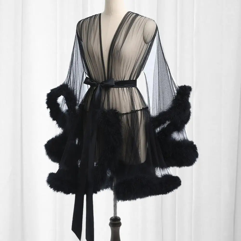 Female Sheer Shapewear Robes Fashoin Long Sleeve Plush Spliced Thin Lingerie Women Lace Up Erotic Midi Long Sexy Robes