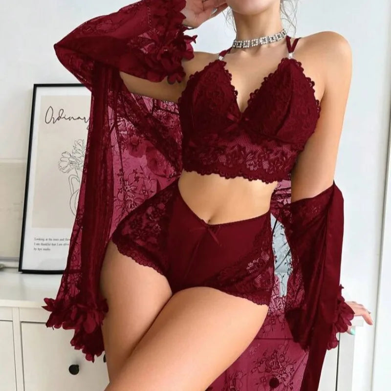 Women Sexy Robe Lingerie Set Lace V-neck Halter Bralette Underwear Suit + Transparent Mesh Bathrobe Nightwear Female Sleepwear