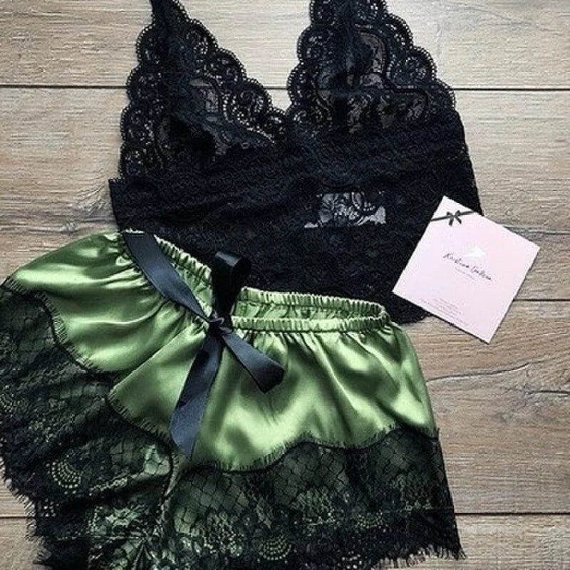 Mengya Women Lace Satin Two Piece Lingerie Set Spaghetti Strap Camisole Silky Lace Trim Shorts Nightwear European American Style