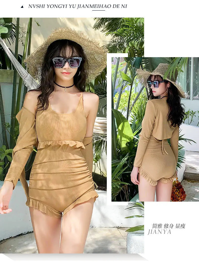 2025 New Swimsuit Women's Belly-covering Slim Swimsuit Conservative Meat-covering Ins One-piece Sexy Long-sleeved Swimsuit Beach