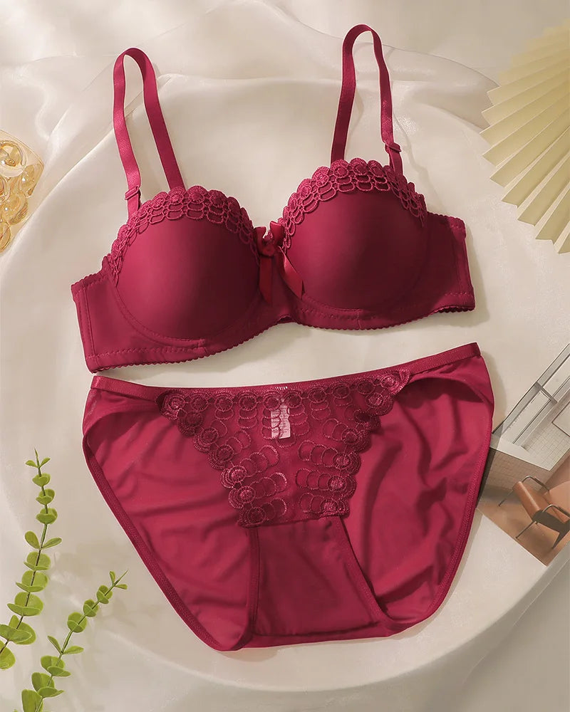 Women's Embroidered Lace Lingerie Set Sexy Push Up Bra with Underwire Bowknot Design Matching Panty Stylish Intimates for Girls