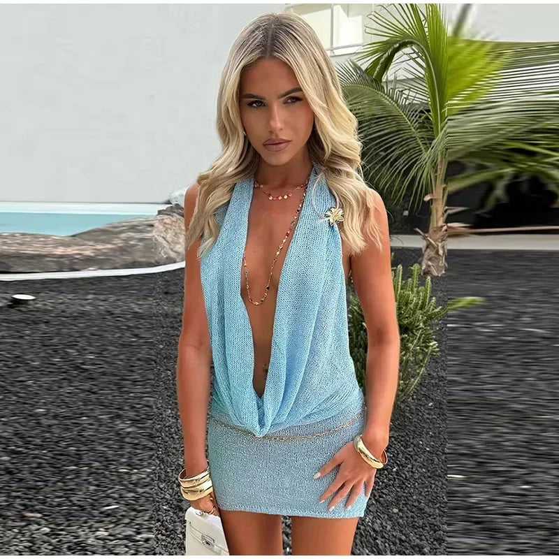 Sexy Sequin Halter Short Dress Women Backless Sleeveless Hip Package Party Dresses Female Summer Chic Night Club Robe Lady