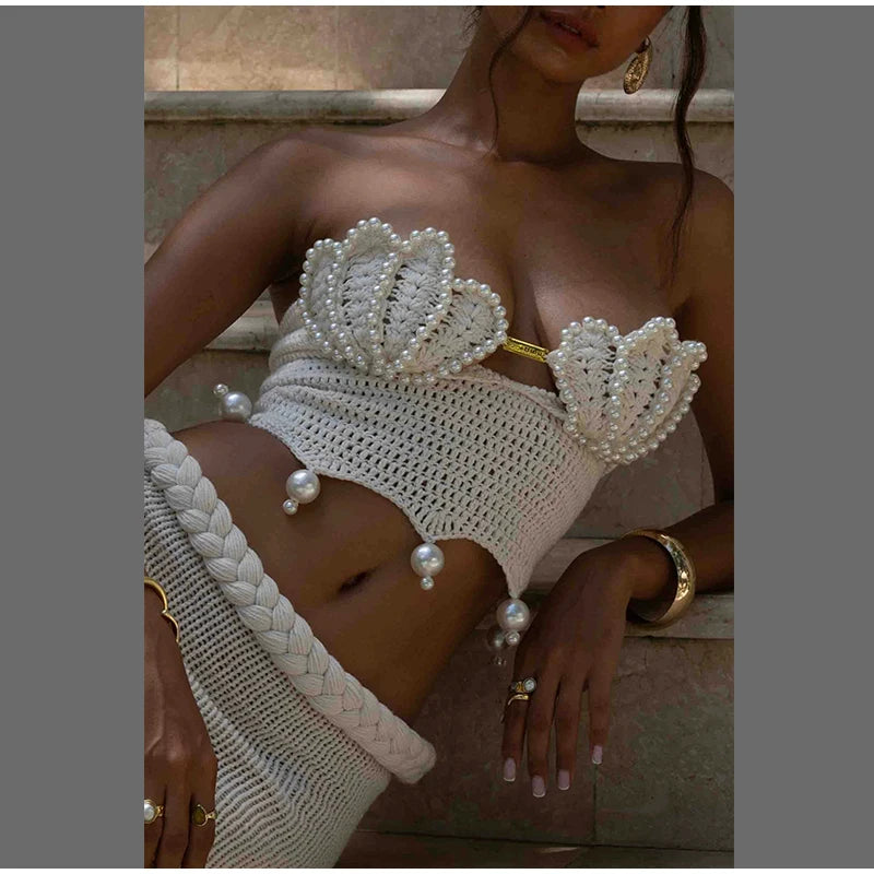 Sexy Crochet Hollow Out Pearl Skirt Set Women White Crop Bikini Tops Slim Hip Package Skirts 2026 Spring Lady Beach Outfits New