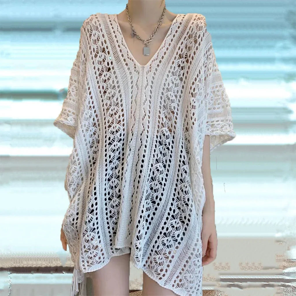 Women's Swimwear Crochet Lace Beach Cover Up Bikini Swimsuits Knitted Cover Up Dress Womens Swimsuit V Neck Side Split Beachwear