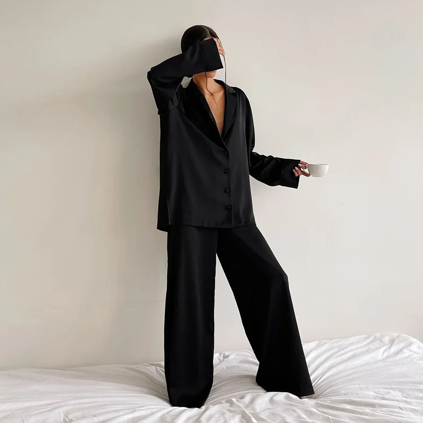 Two Pieces Women Pajama Sets Single Breasted Blouses Lounge Full Sleeve Spliced Straight Pants Casual Solid Lady Sleepwear