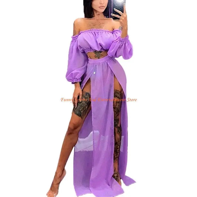 C4DE Women Sexy 2 Piece Swimsuit Cover Up Beach Outfits Set Sheer Mesh Puff Long Sleeve Off Shoulder Crop Top High Waist