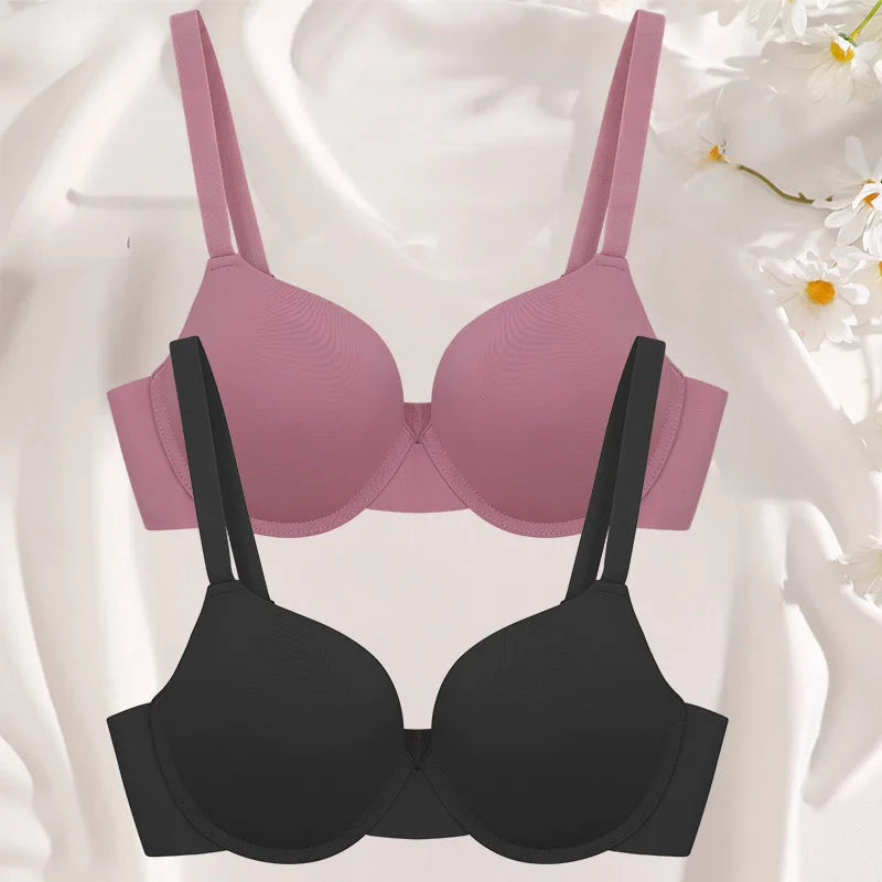 2Pcs/Set Comfortable Adjustable Push Up Bra Shockproof Lingerie Wireless Deep V Bra Anti-sagging Brassiere for Women Summer Bras