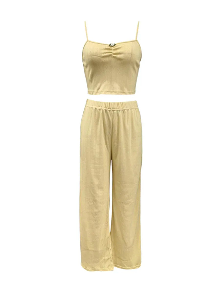 Camisole Pajama Set For Women With Long Pants Yellow Two Piece Loungewear Sleepwear For Home Casual Wear Comfortable Sexy Pajama