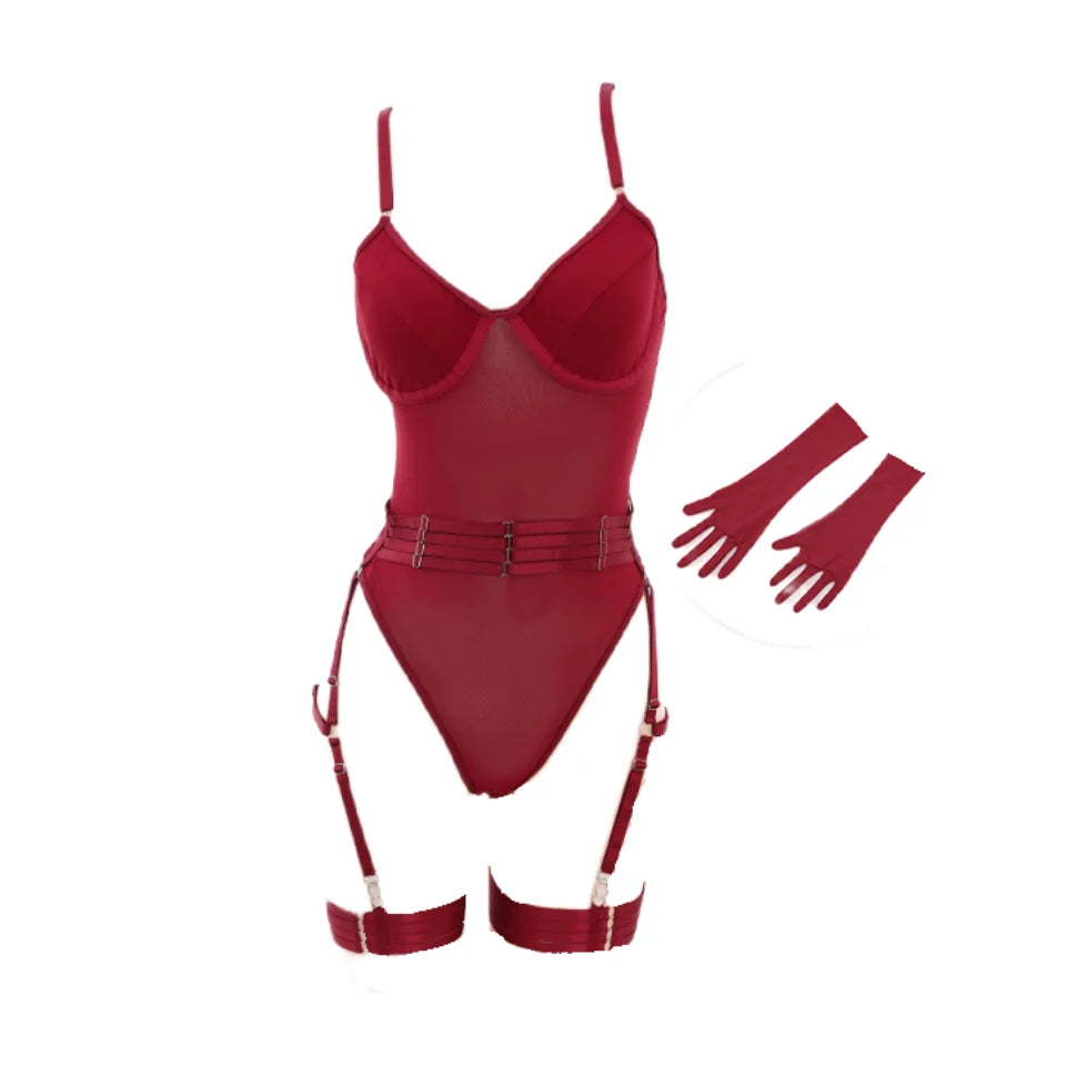 Sexy Sensual Lingerie Sets for Women See Through Mesh Lace Tight Bodysuit with Gloves Garter Exquisite Underwear Sexy Costumes