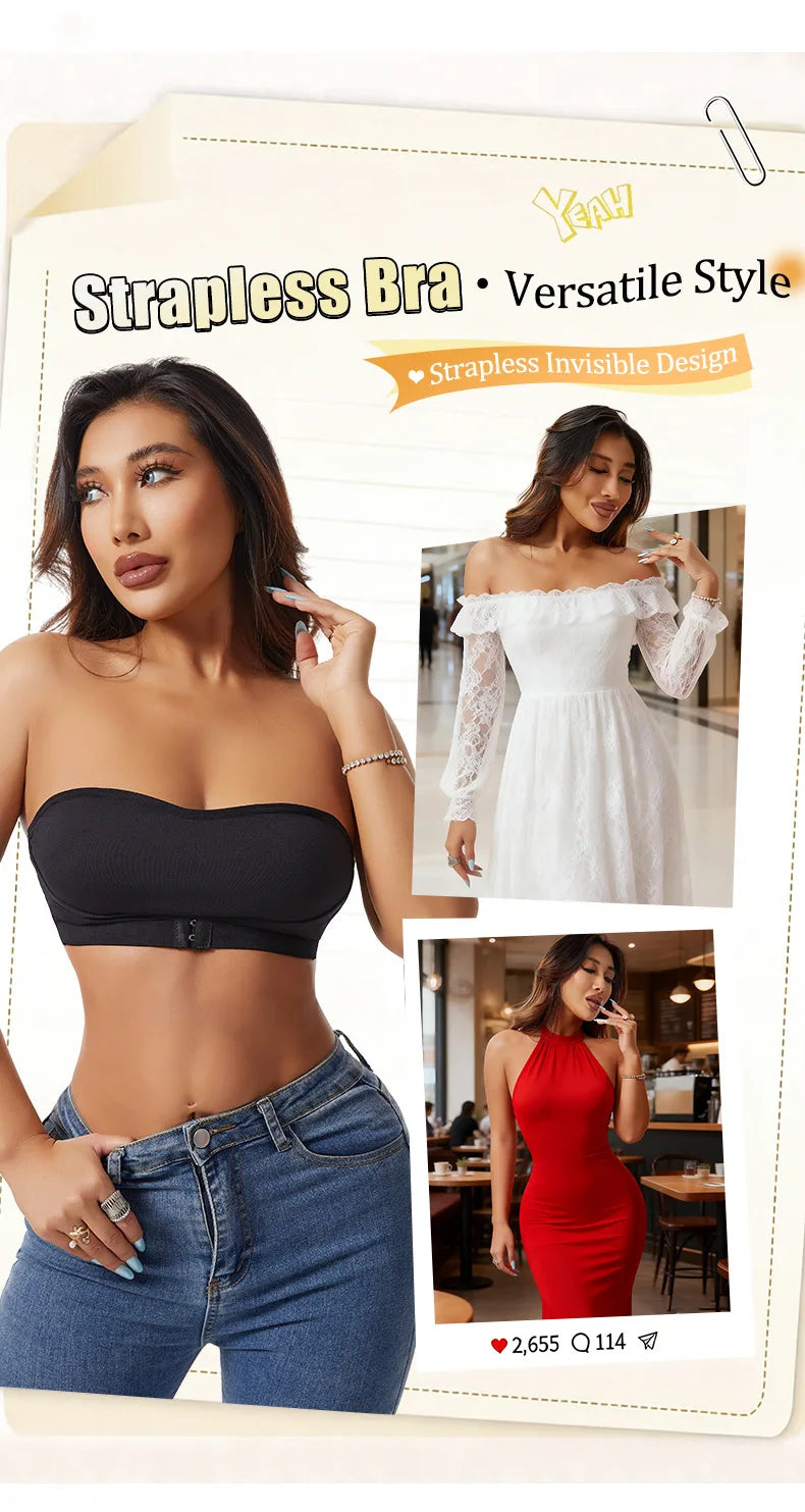 Daily Strapless and Wireless Women's Front Button Bra, Seamless Chest pad Comfortable Push-up Trendy Solid Color Lingerie