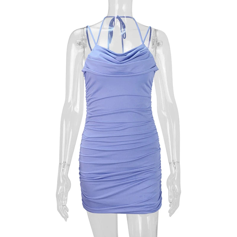 American Sexy Slip Dress Women Pleated Ruffled Neckline Slim Fashion Camisole Dress Solid Summer Vacation Party Mini Vestidos