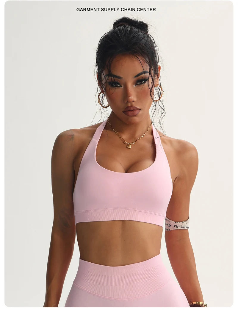 Seamless Halter Sports Bras Running Sexy Open Back Yoga Bra Padded Brassiere Sport Woman Fitness Gym Top Activewear