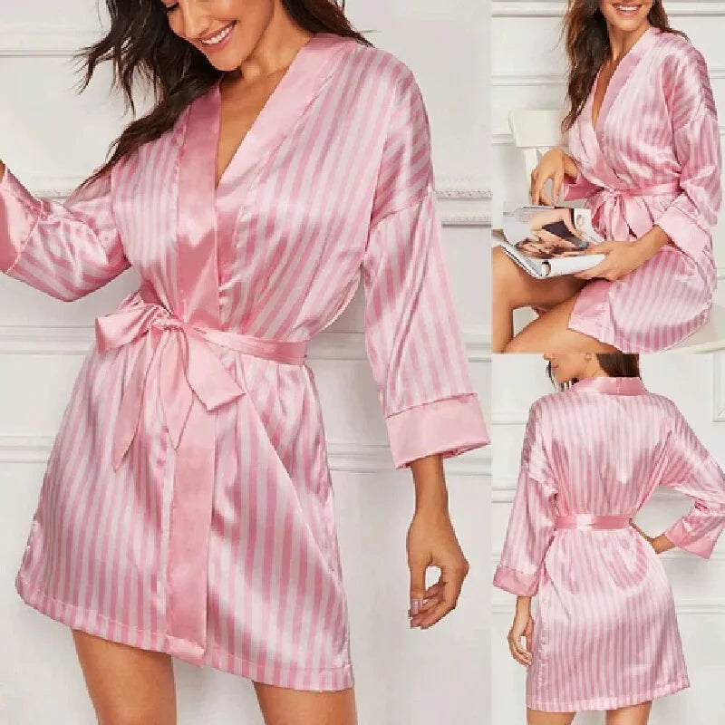 Women's Sexy Lingerie Robe Pink Striped Satin Short Nightwear Bathrobe Sleepwear Homewear Bridesmaid For Ladies Pajama party
